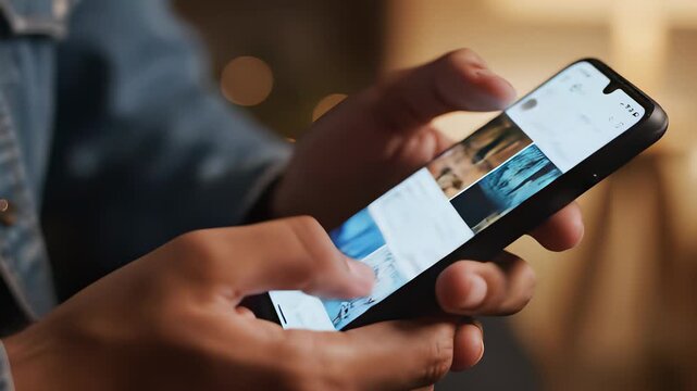 A person holding a smartphone with multiple notifications, messages, or images on the screen, epitomizing constant connectivity and online communication, serving as a metaphor for navigating.