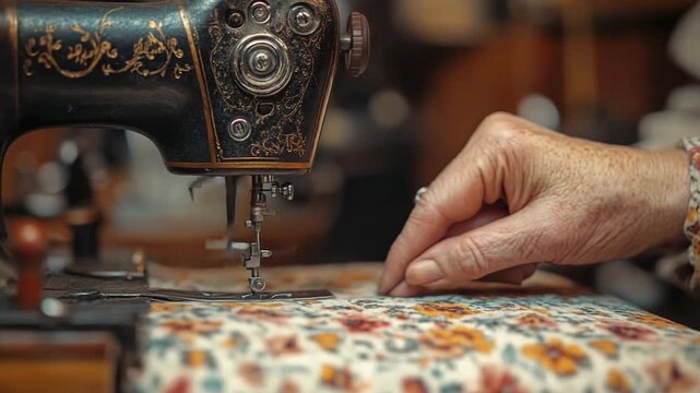 Vintage Sewing Machine in Action - A Close-Up of Handcrafting.