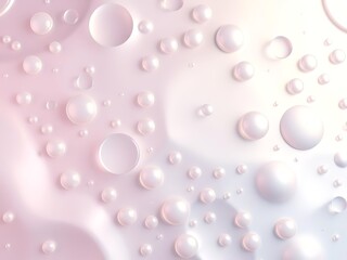 Delicate pink and white cosmetic serum background featuring numerous floating glossy spheres and soft liquid texture for beauty