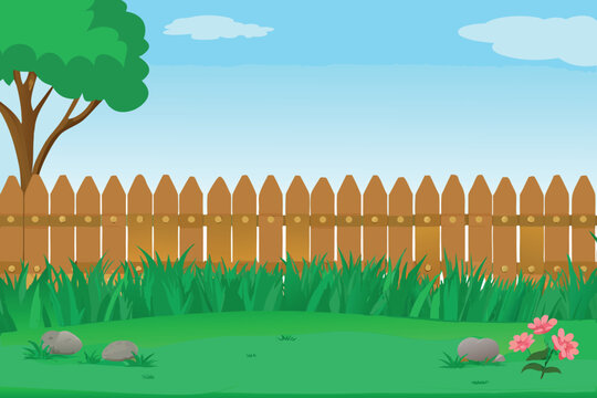 a serene backyard scene featuring a wooden fence lush grass and a