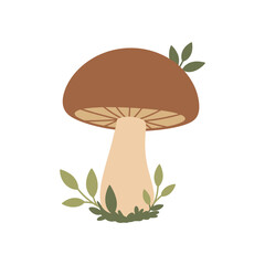 Illustration of a Brown Mushroom with Green Leaves.