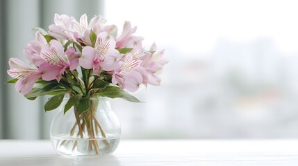 Fototapeta premium Delicate Pink Alstroemeria Flowers in a Clear Glass Vase on a White Surface.