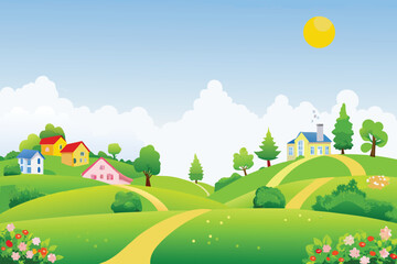 A vibrant cartoon landscape featuring green hills colorful houses and a bright