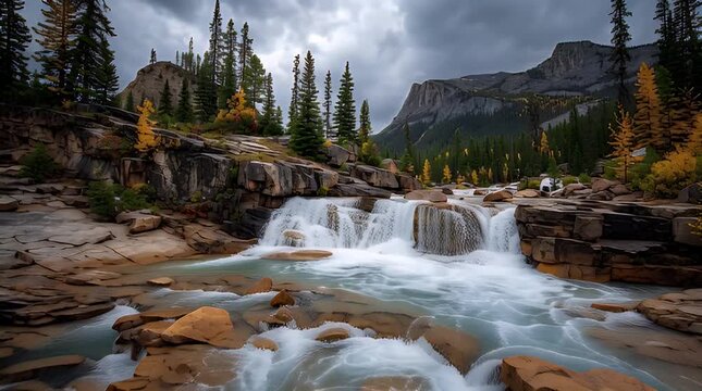 A scenic cascade tumbles over rocky terrain, flowing through a vibrant landscape. Evergreen trees frame the water, set against a mountain and a cloudy sky