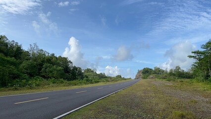 Empty rural road stretching through green landscape under bright sky, symbolizing freedom and countryside travel.
