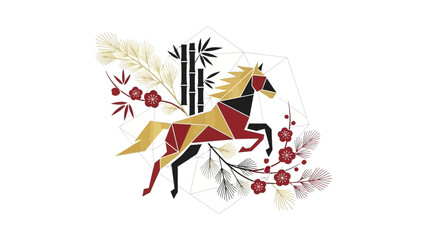 Obraz premium Geometric horse illustration with floral and bamboo elements modern polygonal art for Chinese New Ye