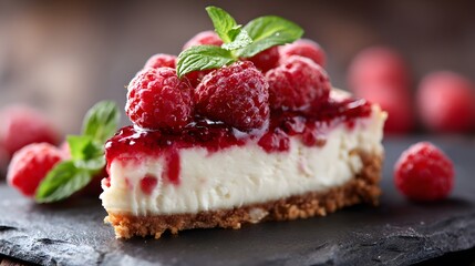 Delicious Slice of Raspberry Cheesecake with Fresh Berries and Mint.