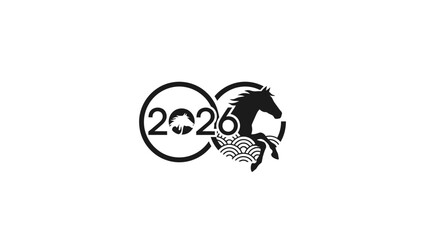 Year of the Horse 2026 logo black silhouette with abstract waves Chinese zodiac symbol for celebrati
