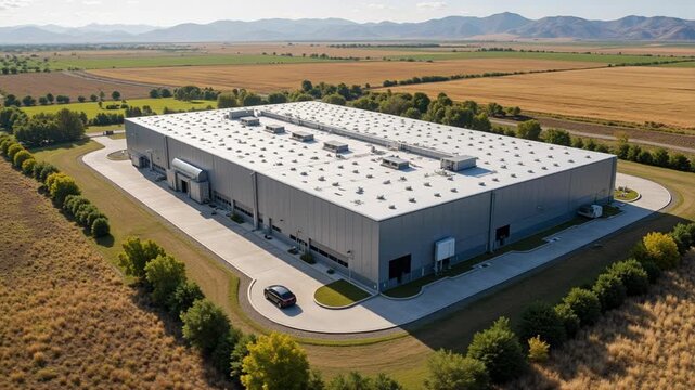 Aerial View of Data Center Building in Rural Remote Location with Large Footprint and Modern Infrastructure