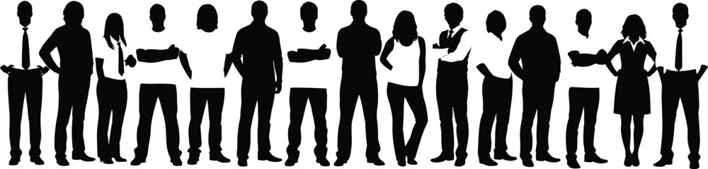 Large Group of Diverse Casual and Business People Silhouettes, Standing Together in Unity, Isolated Vector Illustration of Team, Crowd, and Workforce on White