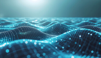 Abstract flowing digital wave pattern with glowing blue lights, representing data or network connectivity