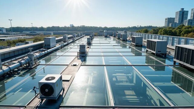 Aerial View of Expansive Data Center Complex Rooftop with Air Conditioning Units and Glass Roof Structure