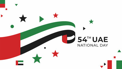 UAE National Day Celebration Design: A dynamic graphic design commemorating the UAE National Day, featuring the iconic flag in a stylized ribbon, alongside celebratory stars and shapes.