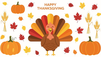Thanksgiving Feast Illustration: Celebrate the spirit of Thanksgiving with an assortment of festive elements, including vibrant pumpkins, colorful autumn leaves, and a cheerful turkey.