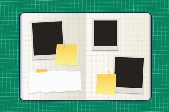 opened note book template with empty photo frame, blank paper and sticky notes on cutting mat Vector illustration