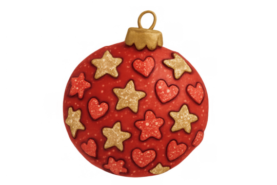 Red christmas ornament with glittering stars and hearts, celebrating holiday season, transparent background - Powered by Adobe