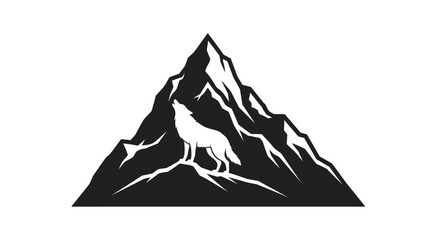 Majestic mountain range with a lone wolf howling, rendered in a striking black and white vector silhouette, embodying the spirit of the wild and untamed nature