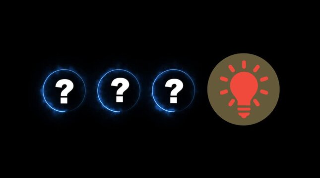 Three glowing question marks in circles with a large brown circle on a black background Keywords: question mark, symbol, sign, information, confusion, uncertainty, mystery, unknown, query, inquiry