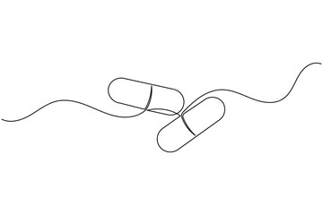 A minimalist continuous single line art drawing featuring two medical capsules