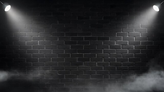 Dark brick wall background with dramatic spotlights and fog for creative media production