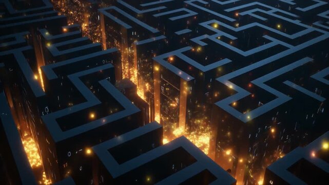 Aerial view of a complex maze with glowing orange lights illuminating the paths and walls against a dark background.