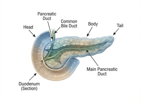 Detailed 3D Human Pancreas Anatomy Illustration with Duodenum and Duct system, showcasing the vital Digestive Organ and Gland for Medical education and scientific understanding.