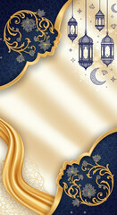 Decorative Islamic background with golden arabesque patterns, hanging lanterns, crescent moons, and stars for festive celebrations.