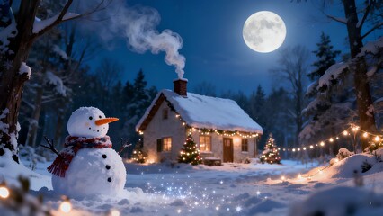 Magical Winter Landscape with Snowman, Cozy Cottage, and Full Moon at Night
