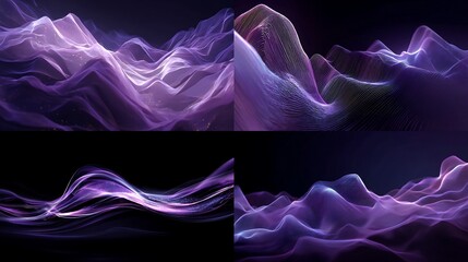 Abstract digital landscape of glowing purple sound waves and ethereal flowing fabric mountains against a deep dark background