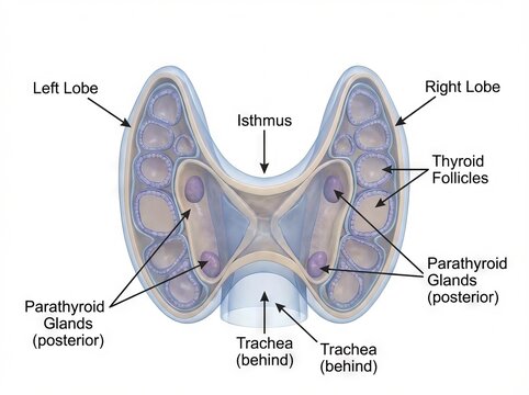 Detailed human thyroid gland anatomy 3D illustration, precisely showing parathyroid glands, trachea, and follicles. Essential medical diagram for endocrine system education.