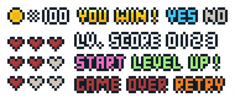8-bit pixel art rpg game ui icon and text set