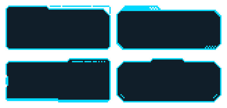 8-bit pixel art blue neon cyber dialogue hud set