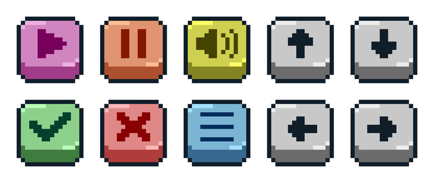 8-bit pixel art square game button set