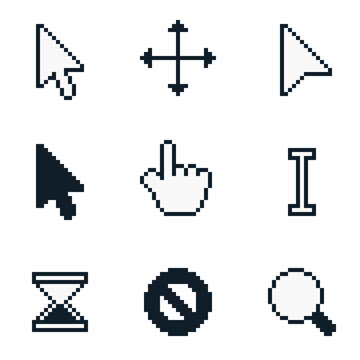 8-bit pixel art monotone simple cursor icon set