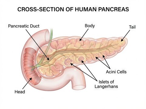 Detailed medical illustration showing a human pancreas cross-section, a labeled diagram essential for biology and anatomy education, highlighting endocrine structures.