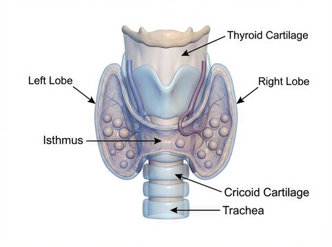 Detailed 3D medical illustration of human thyroid gland anatomy, showcasing the endocrine system, trachea, and cartilage structures for educational purposes.