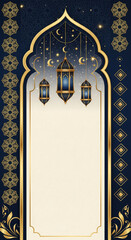 Ornate Islamic arch design with hanging lanterns, crescent moons, and stars on a dark blue and gold background, suitable for religious events.
