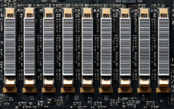 Close up of a circuit board with multiple ram memory slots