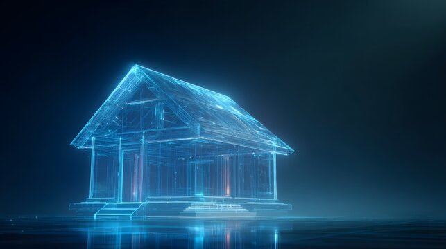 Futuristic Holographic Blueprint of a Modern Bank Building. - Powered by Adobe