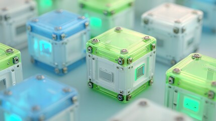 Futuristic Sci-Fi Cubes with Glowing Lights in a Digital Grid.