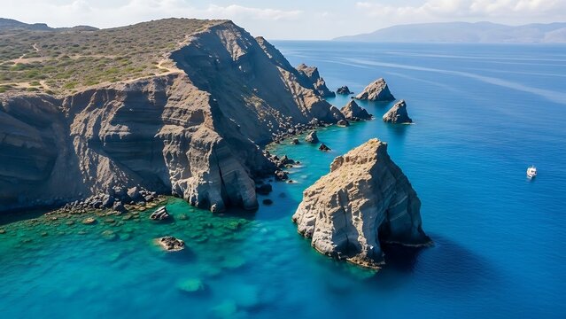 view of the sea from the mountain,Dramatic Volcanic Coastline of Tsigrado Beach from Above