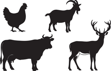 Farm Animal Silhouette Set: Cow, Sheep, Goats, Rooster, Hen, Turkey, and Dog Icons in Black for Agriculture, Education, and Design Use