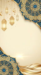 Elegant Islamic background with golden lanterns, crescent moons, and intricate teal and gold geometric patterns, perfect for Ramadan or Eid celebrations.