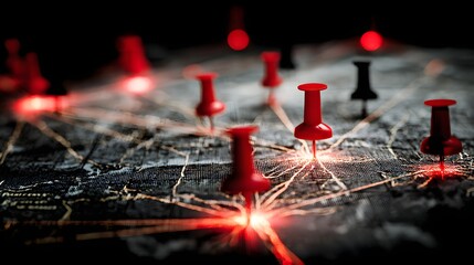 Global Network Connections Marked by Red Pins on a World Map.