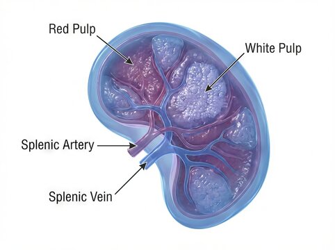 Detailed 3D medical illustration of human spleen anatomy, showcasing its internal organ structures, splenic vessels, and red/white pulp sections in an educational diagram for learning.