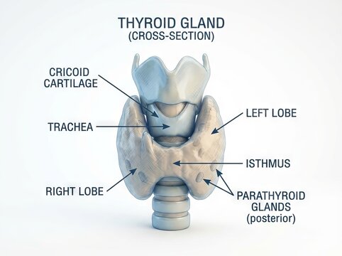 Detailed human thyroid gland anatomy 3D illustration showing cross-section with medical labels, ideal for healthcare and biology education on this vital organ.