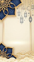 Elegant Islamic design background with intricate blue and gold patterns, hanging lanterns, crescent moons, and stars, perfect for Ramadan or Eid greetings.
