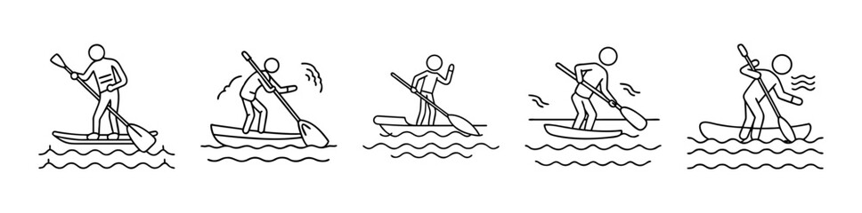 Fototapeta premium Line art icons of people stand-up paddleboarding, kayaking, and canoeing
