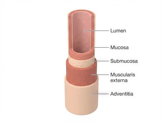 Detailed 3D Medical Illustration of the Digestive Tract Anatomy Layers, precisely showing Histology for Science and biological education.