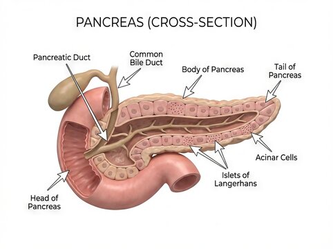 Detailed Labeled Human Pancreas Anatomy Cross-Section Illustration, showcasing Digestive and Endocrine gland functions for Medical education and scientific research.